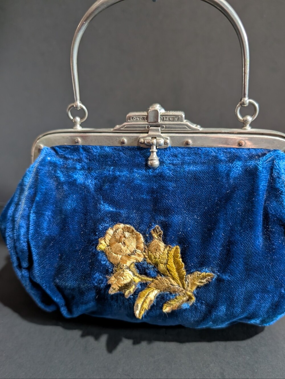 Vtg Velvet Handbag Clutch Purse Leather Interior Evening Bag Blue Paris Depos